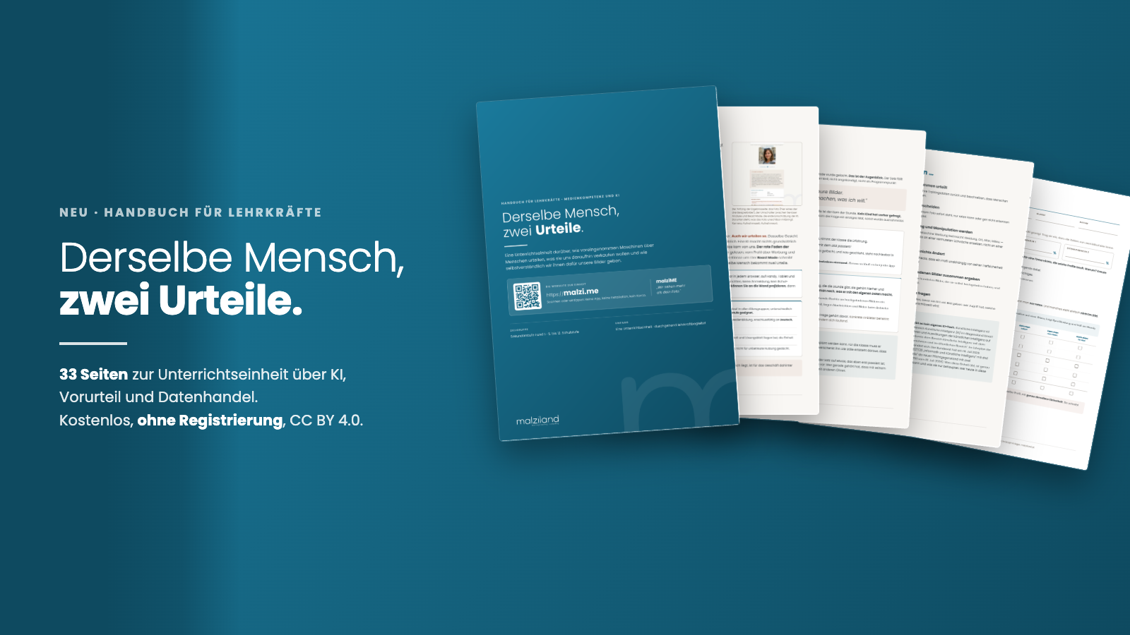 Titelseite und vier Innenseiten des malziME-Handbuchs, aufgefächert auf petrolfarbenem Grund. Überschrift: Derselbe Mensch, zwei Urteile.