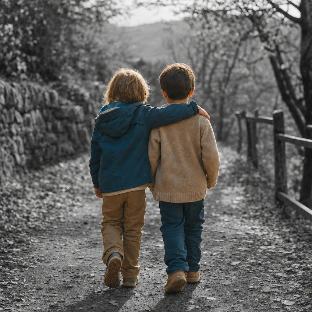 Zwei Kinder gehen Arm in Arm einen Weg entlang