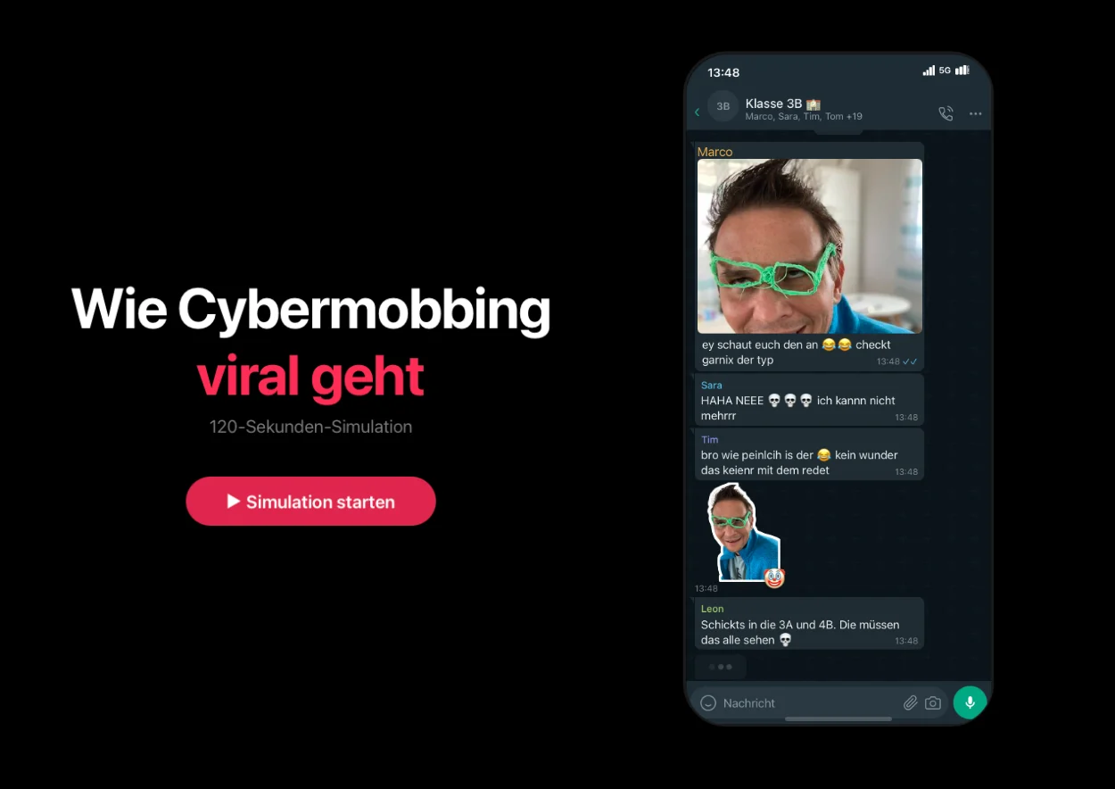 Startbildschirm und Chatverlauf der Simulation
