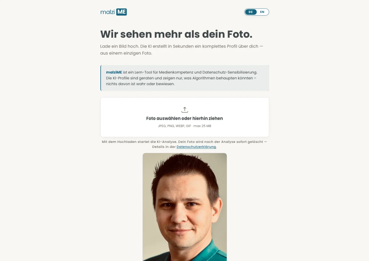 Startbildschirm von malziME mit Upload-Feld